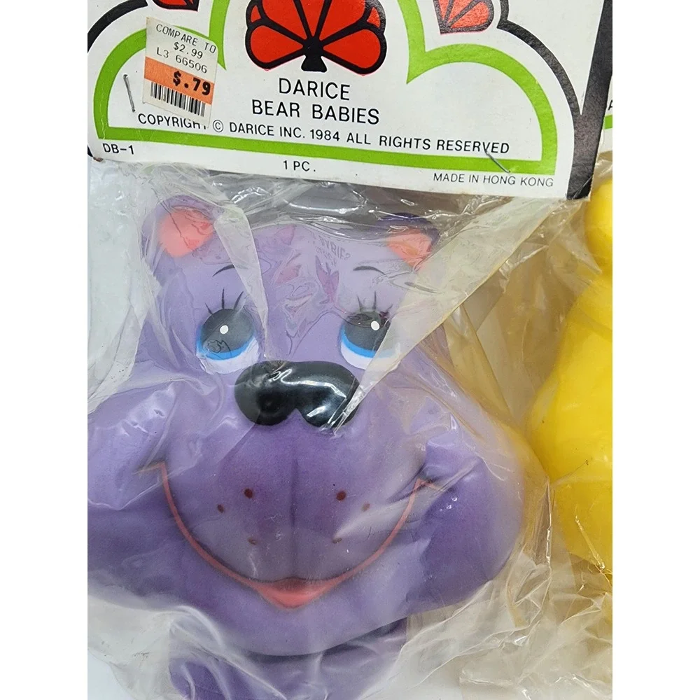 Vintage 1984 Darice Bear Babies Craft Supplies Purple Yellow Bear Heads Lot of 2